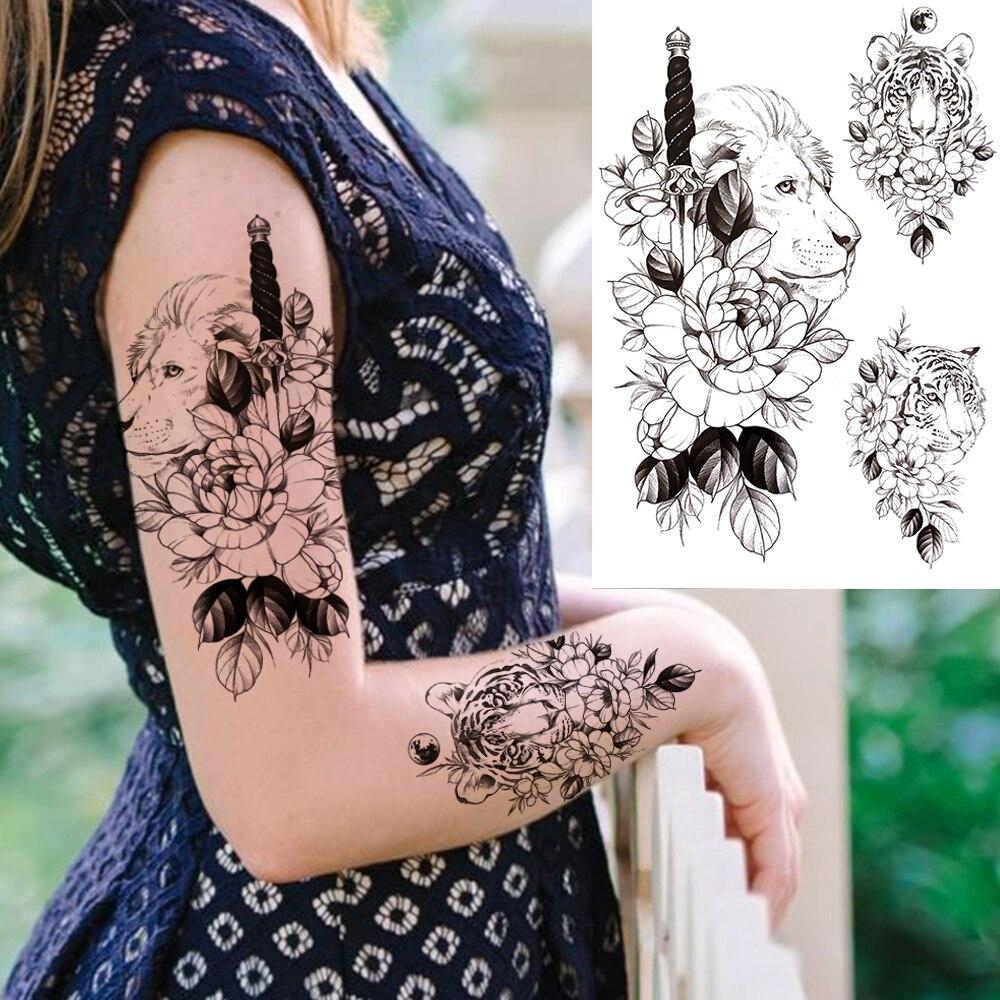 Black Flower Temporary Tattoo For Women Adultsl Fake Peony Rose Dahlia Lotus Tattoo Sticker 3D Body Art Bouquet Sexy Tatoo Paste