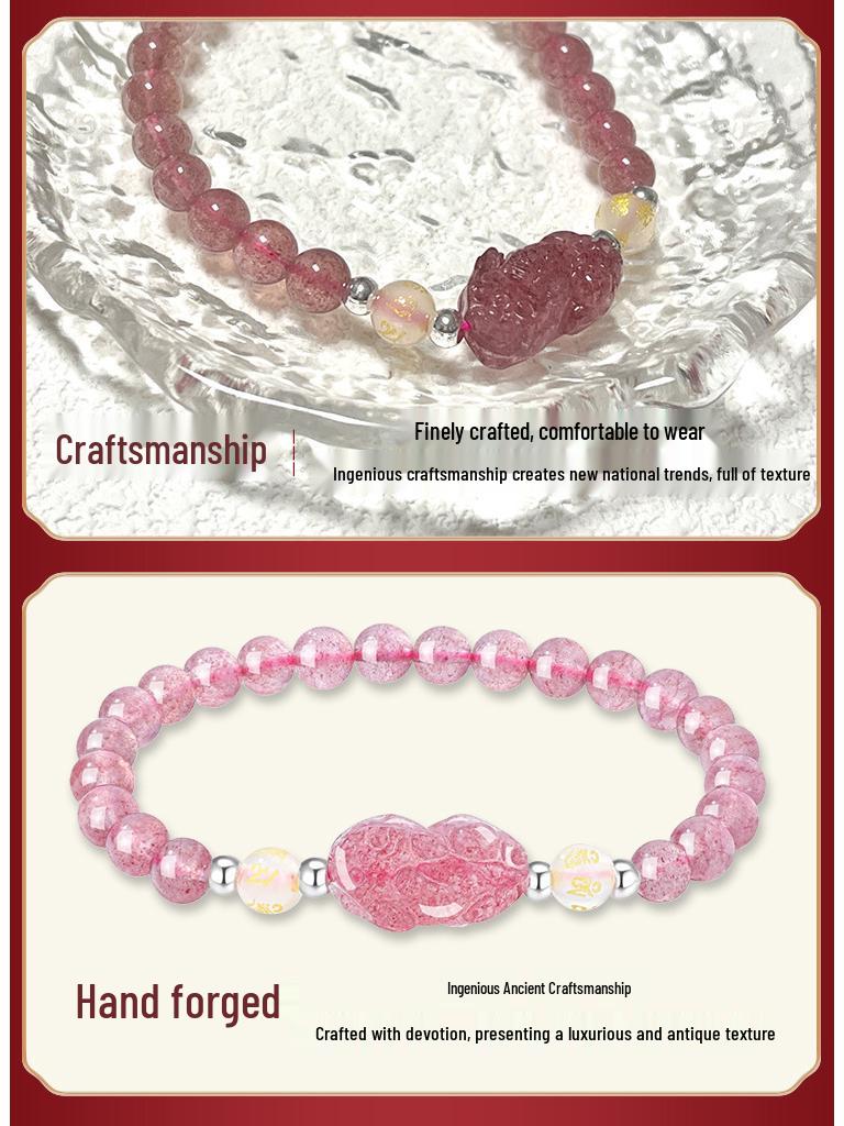 Brățară din Obsidan Cristal Natural cu Pixiu din Cristal de Căpșună, Bijuterii de Damă High-End de Lux Lejer