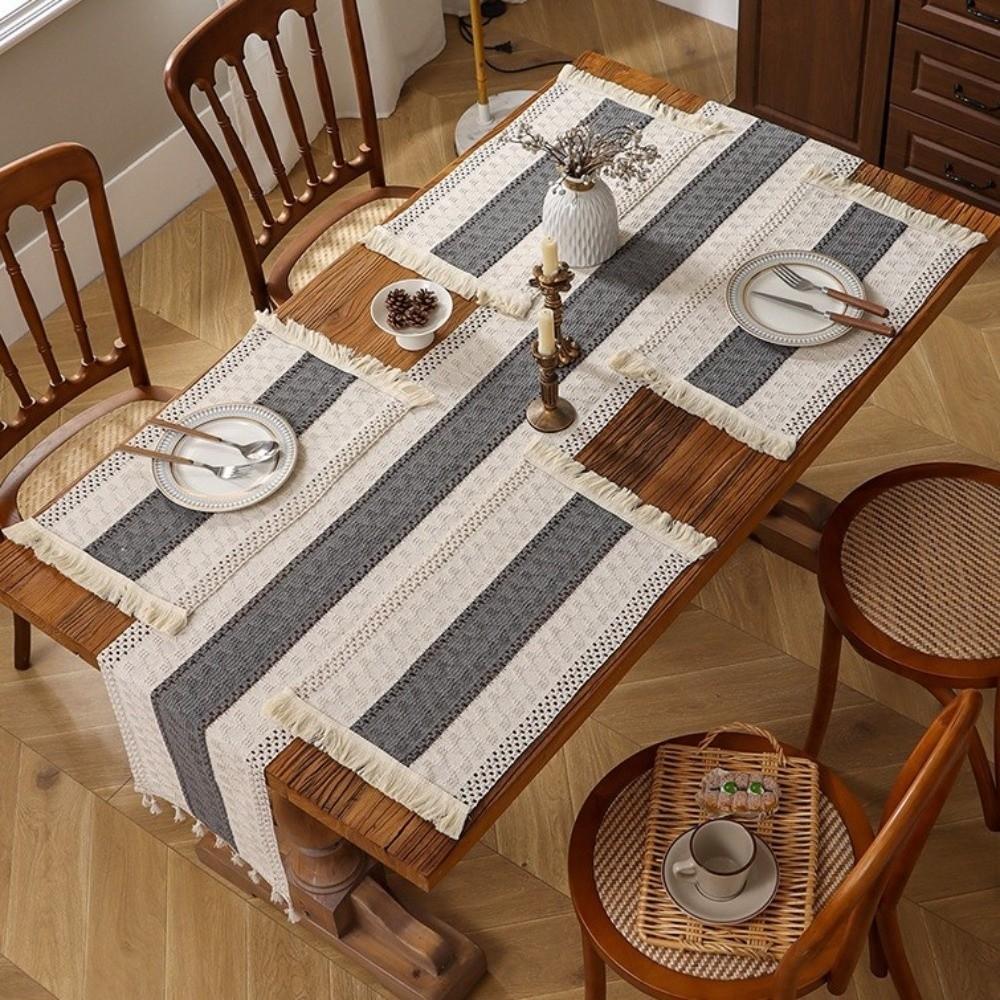 Splicing Knitted Hollow-out Table Runner Rustic Style Farmhouse Tablecloth Macrame Table Mat  Hotel