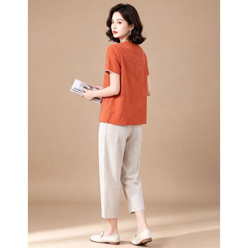 Women's Embroidered Crew Neck Top & Capri Pants Set