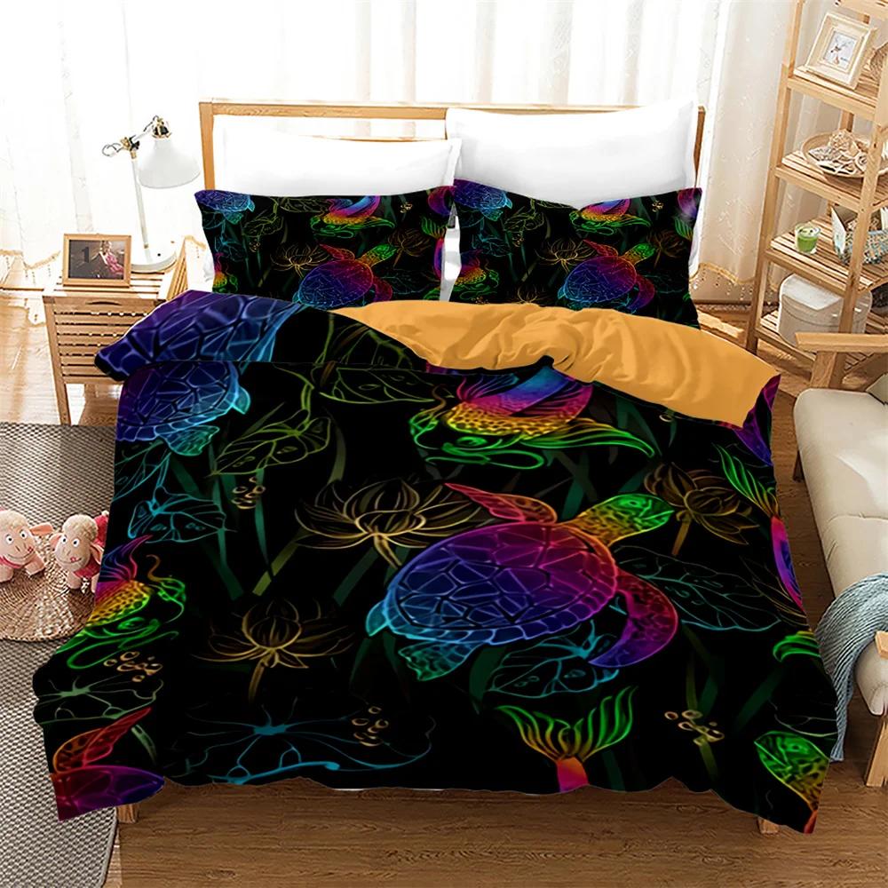 Sea Turtle Duvet Cover for Children Boys Girls Adult Black Gold Tortoise Reptile Theme for Bedroom Decorations Queen King Size
