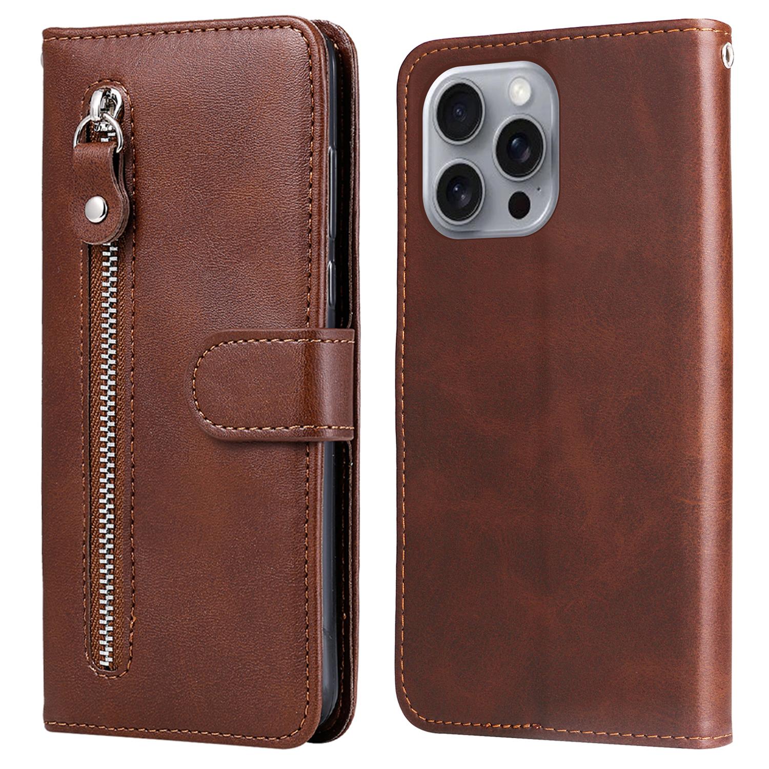 

Для iPhone 16 Pro Max чехол с карманом-молнией, ударопрочный кожаный чехол для телефона Brown