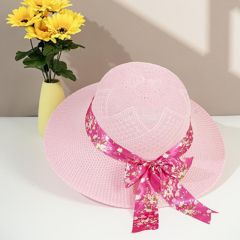 Beige Wide Brim Straw Sun Hat Foldable Polka Dot Bow Ribbon UV Protection for Summer Pool Party Travel Use