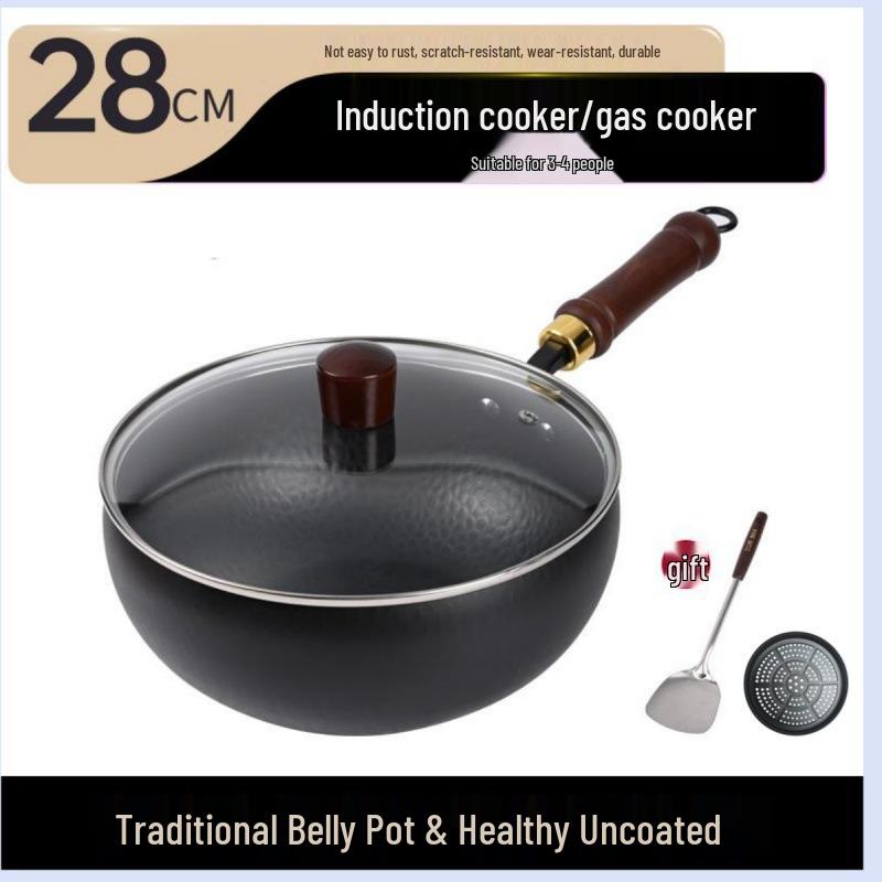 Zhangqiu Handgefertigter Antihaft-Eisen-Wok: 24CM Wok mit großem Bauch zum Pfannenrühren, für Gerichte, zum Schmoren & für Suppe.
