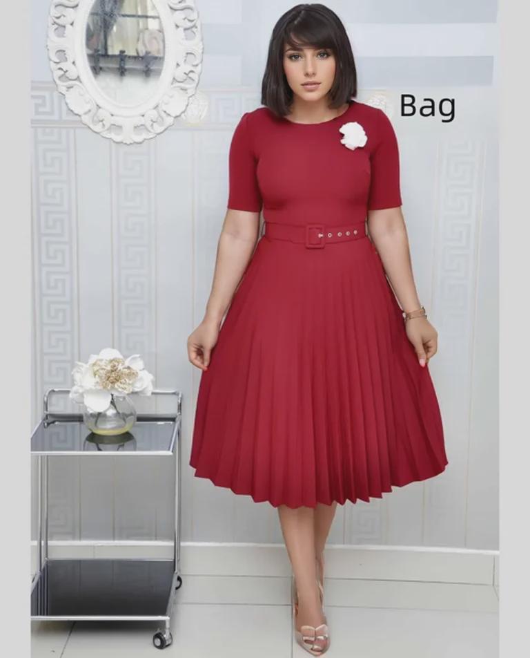 Dámské jednobarevné skládané šaty s kulatým výstřihem a vysokým pasem, velikost pro větší děti