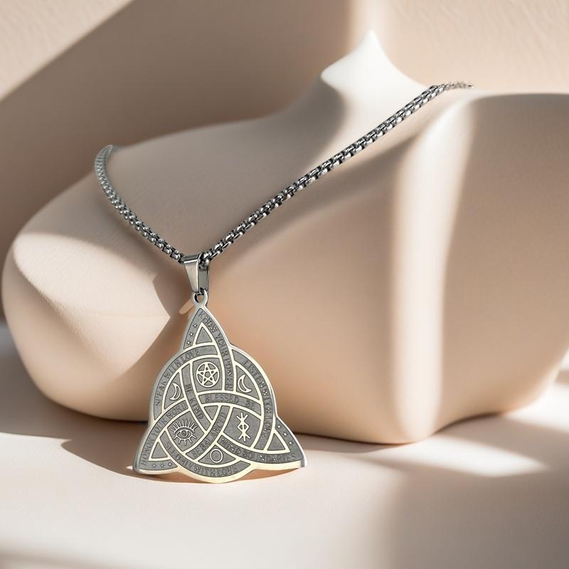 A Stylish and Simple Celtic Knot Pattern Five-pointed Star Triple Moon Necklace Stainless Steel Necklace for Men and Women
