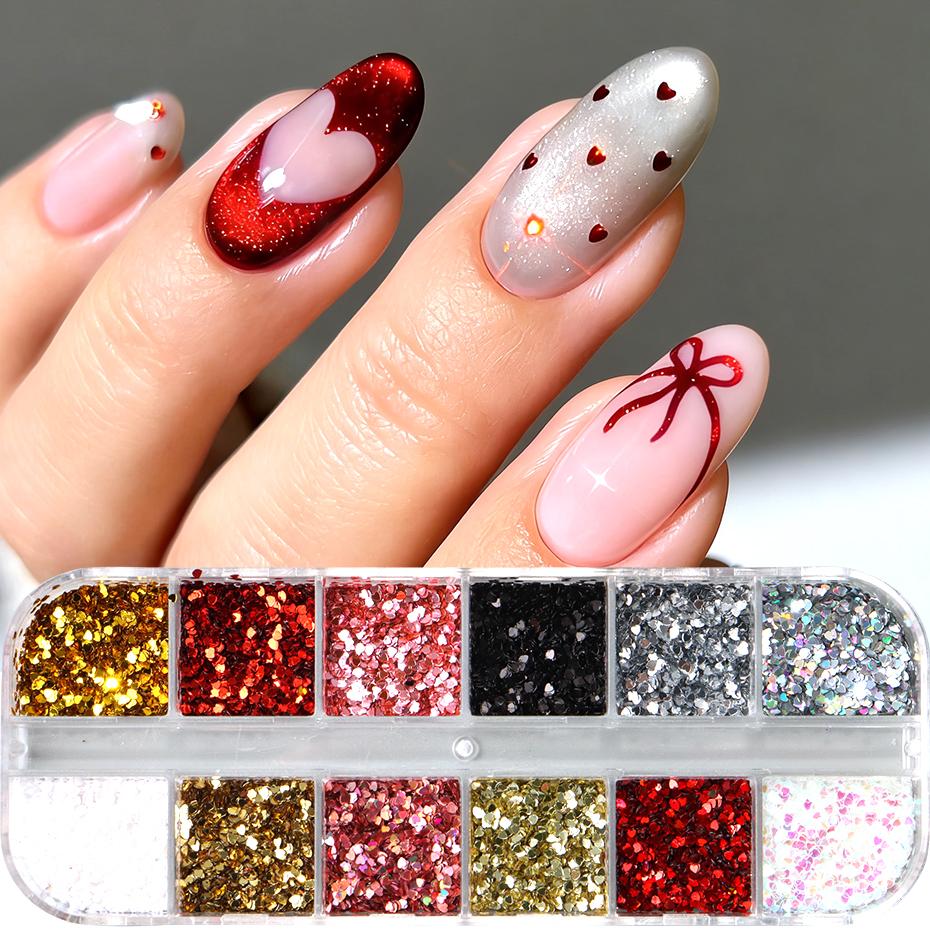 Xiaomi 12 Grids Red Mini Heart Nail Art Sequins Glitter Love Heart Shape Nail Flakes Valentines Charms Nail Art Decorations Manicure