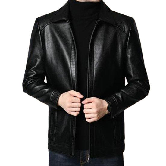 Men Jacket Faux Leather Solid Color Stand Collar Smooth Thick Warm Long Sleeve Zipper Neck Protection Motorcycle Windproof Cool Autumn Winter Jacket
