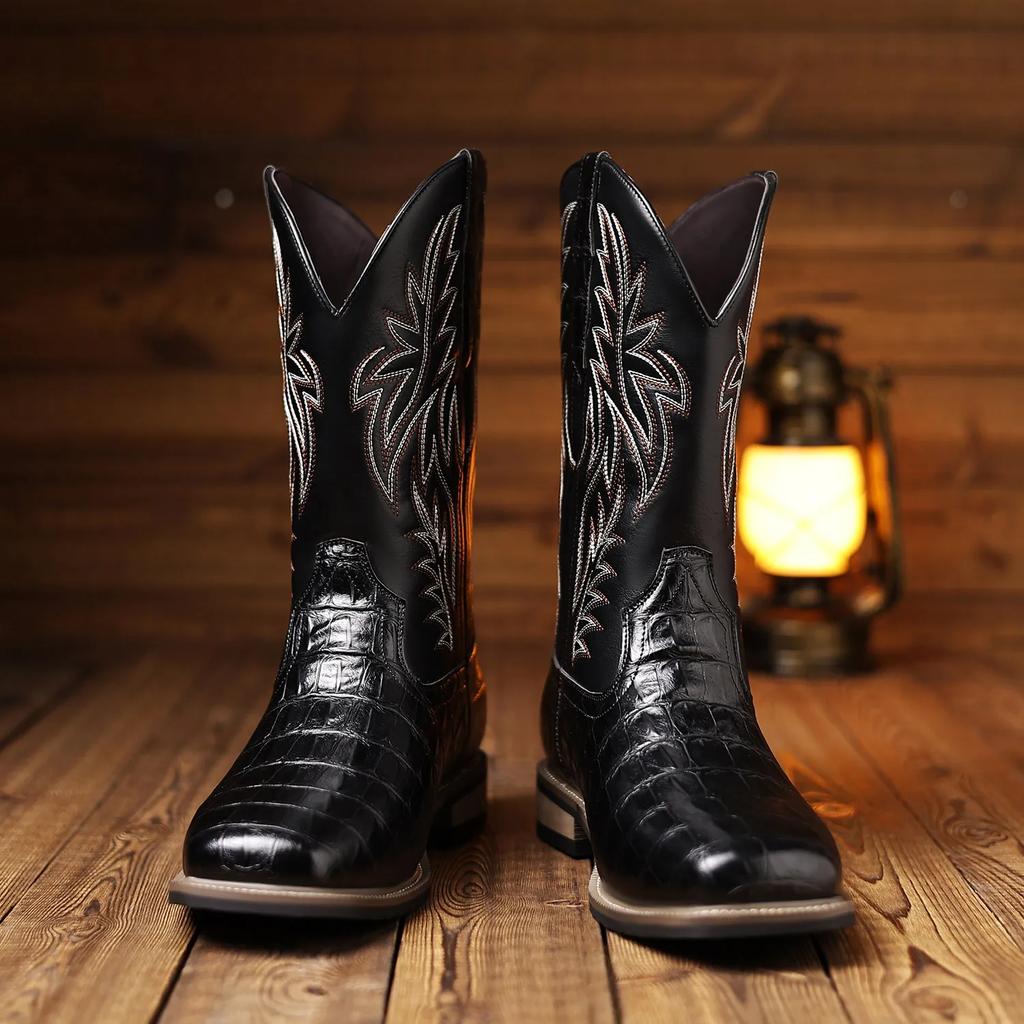 Mens Boots Cowboy Boots Imitation Crocodile Pattern High Tube Embroidered Retro Wide Head Western Cowboy Boots Mens Shoes