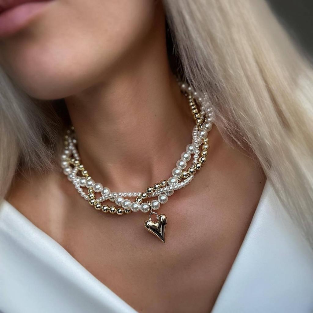 Creative Multi-layer Pearl CCB Sweater Chain Collarbone Chain Temperament Elegant Love-shaped Layer Necklace