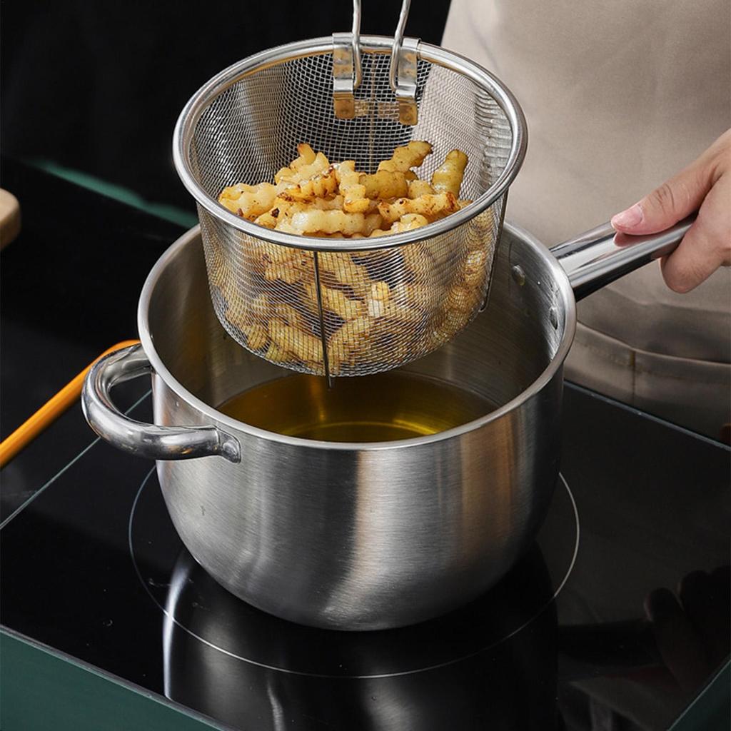 Long Handle Stainless Steel Deep Frying Pot Kitchen Utensils Nonstick Deep Fryer Pan for Cooking French Fries Home Restaurant