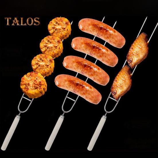 Stainless Steel Barbecue Skewers Double-Pronged BBQ Skewers 36cm Camping Grill Forks with Wooden Handle for Chicken Shrimp Kebabs