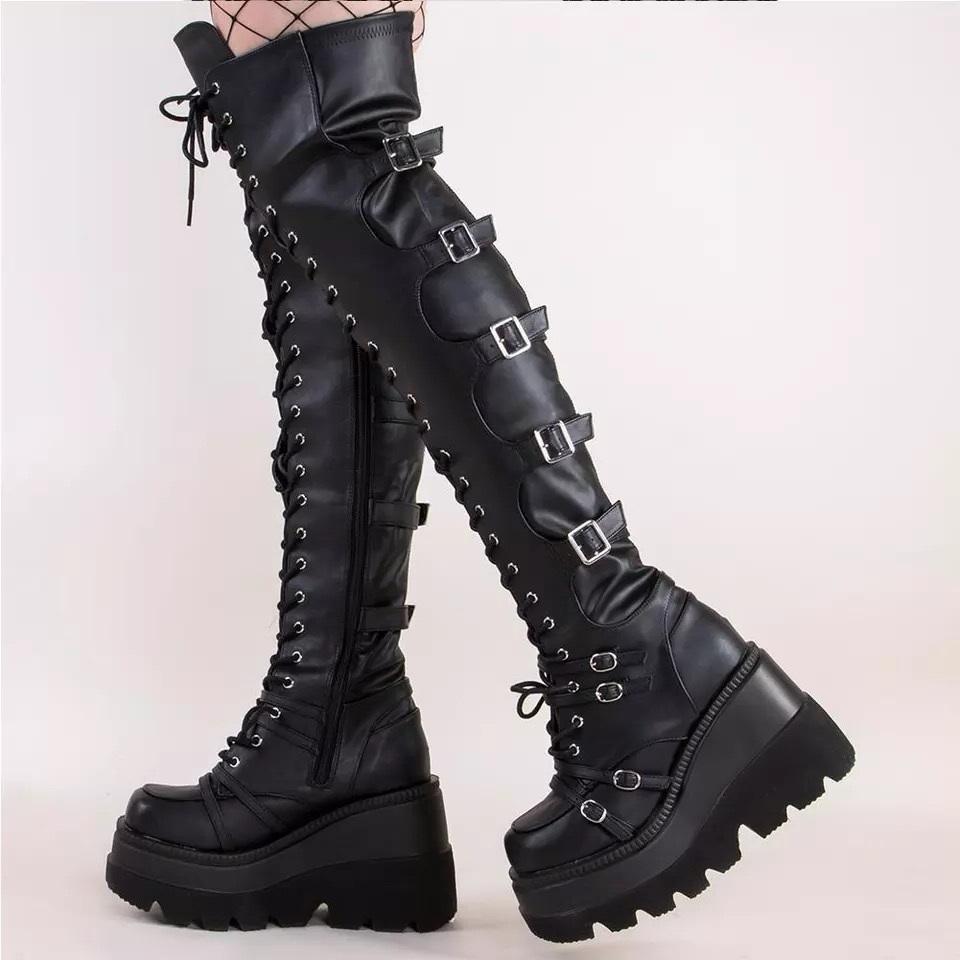 Wipon Women's Gothic Thigh High Top Platform Wedges Motorcycle Boot Over The Knee Army Stripper Heels Punk Lace Up Belt Buckle Long Cm