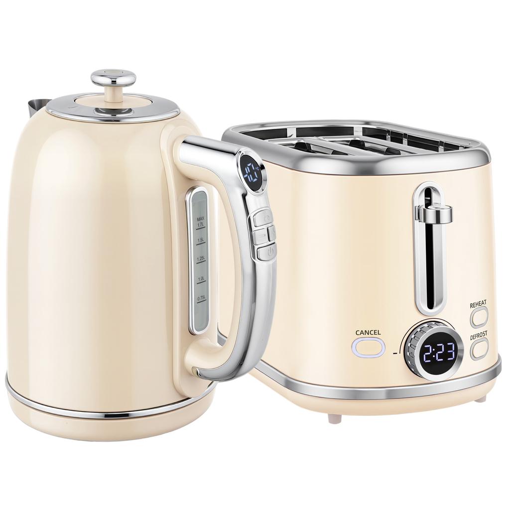 Polished Retro 40-100 Degrees C Kettle and Toaster Set - Cream