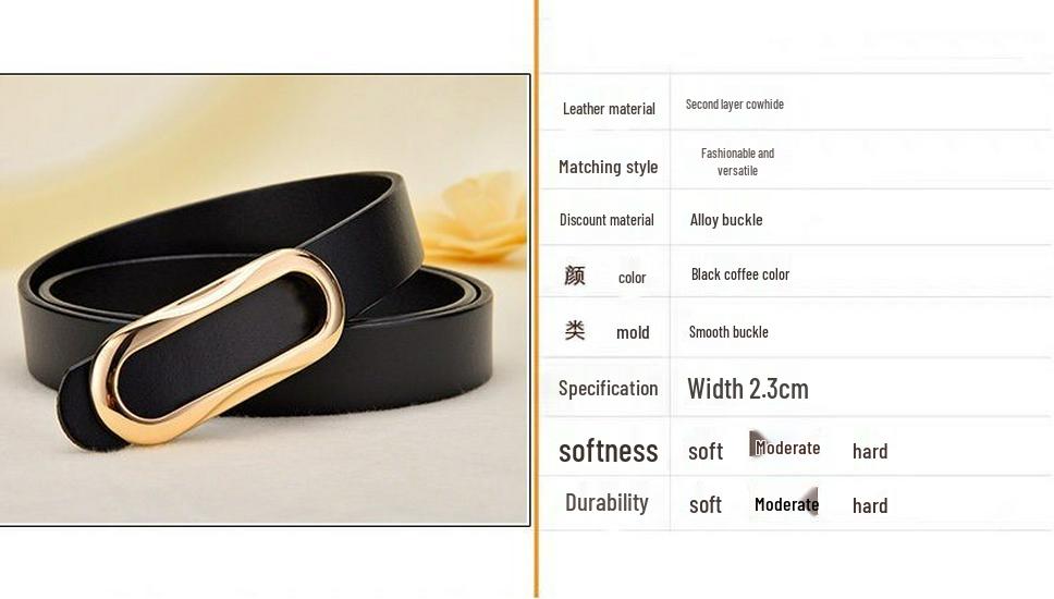 Women's Genuine Leather Black Belt - Casual, Simple, Versatile Accessory for Waist and Jeans, Thin Design for Suit Pants