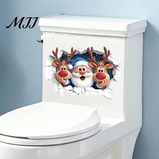 Easy Peel And Stick Decals Christmas Santa Claus Elk Toilet Stickers, 3D Wall Breaking Decals, Waterproof PVC Window Clings Decorative Stickers