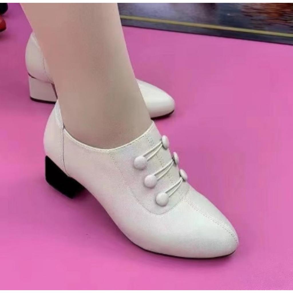 Women's Shoes Korean Version Pointed Head Medium Thick Heel Low Top Fashion Button Side Zipper