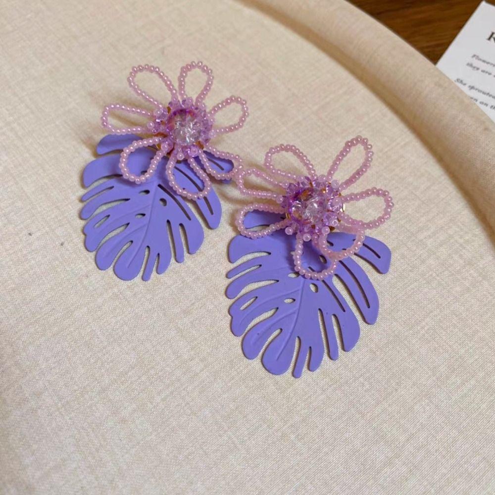 

Simple Metal Beaded Flower Earrings Hollow Out Purple Flower Earrings Leaf Drop Earrings Women фіолетовий