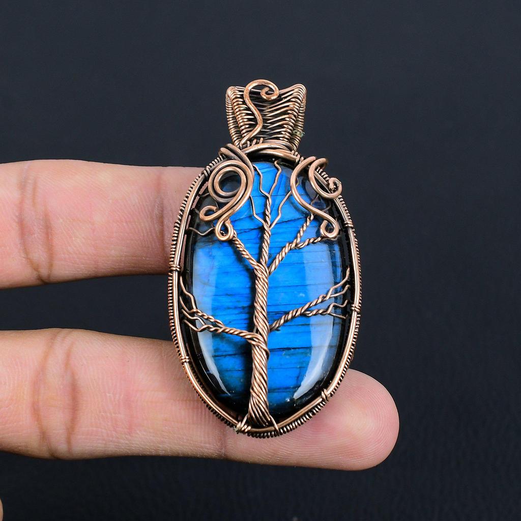 Natürlicher Lebensbaum-Anhänger aus blauem Feuer-Labradorit-Edelstein | Mit oxidiertem Kupferdraht umwickelt | Halskettenanhänger | Kupferschmuck für Sie/Ihn
