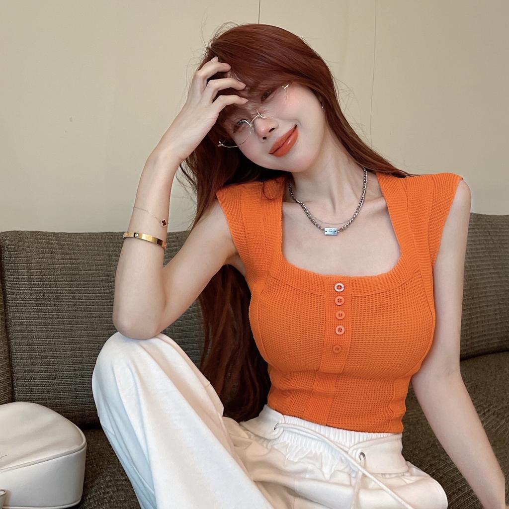 Square Neckline Small Flying Sleeves with Knitted Suspender Vest Summer Slim Fit and Slim Sweet and Spicy Sleeveless Bottoming Shirt Top for Women
