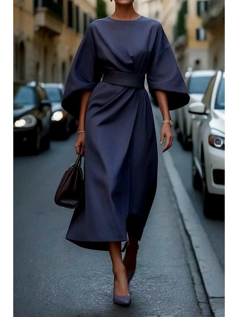 Damen 2026 Elegantes einfarbiges Taillengürtel Fledermausärmel Langes Kleid für Freizeit und formelle Anlässe