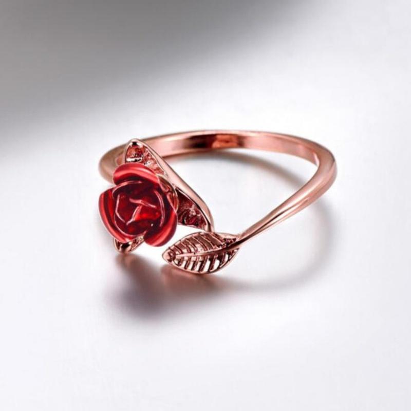 Anillo Abierto Flor Rosa Roja Hoja Flor de Pedrería para Mujer Anillo de Dedo Ajustable Joyería Regalo de San Valentín Compromiso