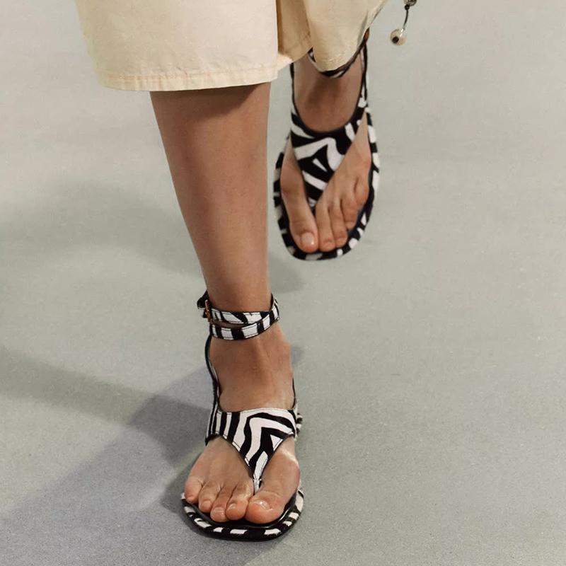 Fashion Fashion Zebra Stripes Horsehair Genuine Leather Summer Sandals Flat Sandals Prom Party Shoes Woman Prom Pumps Flip-flops Sandal