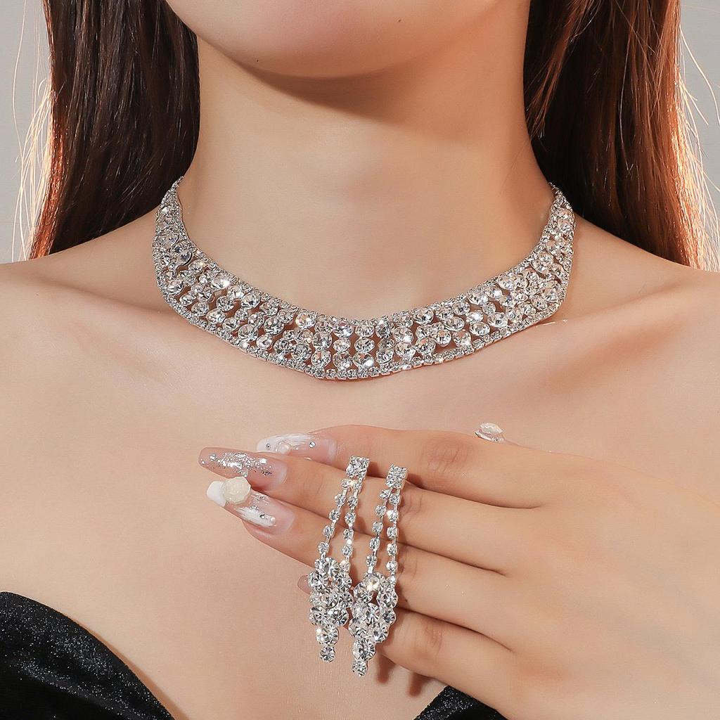 Minimalist Rhinestone Wedding Jewelry Set: European & American Style Necklace and Earrings for Brides
