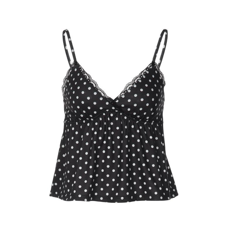 Women Polka Dot Lace Trim Camisole V Neck Spaghetti Strap Casual Solid Color Cropped Top