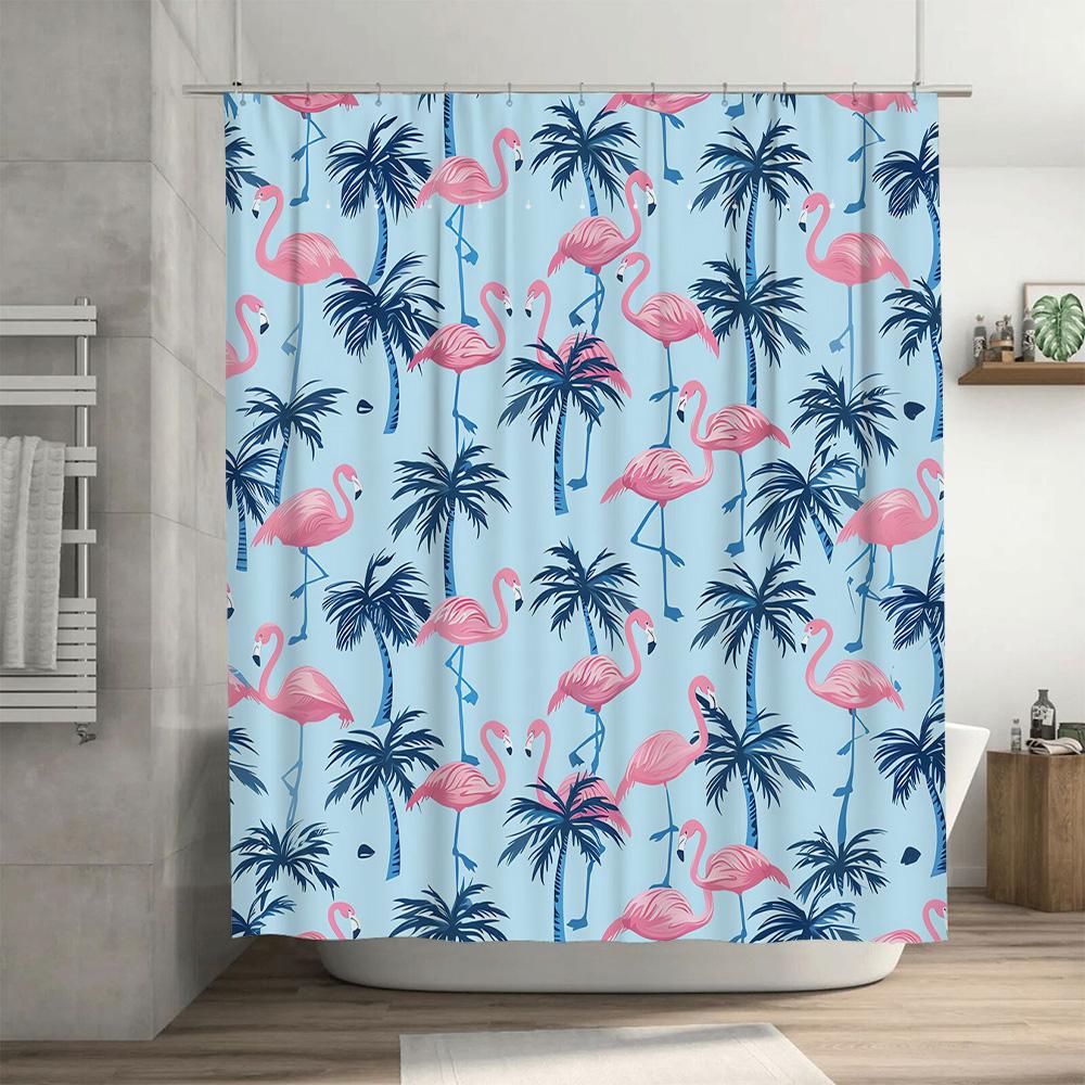 Summer Beach Party Shower Curtain Pink Blue Palm Tree Flamingo Print Fabric Bathroom Decor Waterproof Home Design Shower Curtain