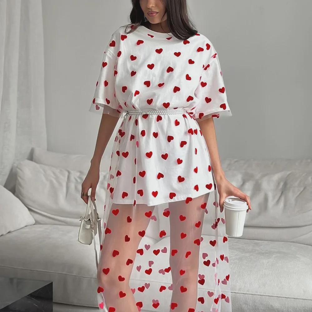 2024 Summer Women's Sexy Mesh Color-Block Loose Two-Piece T-Shirt Dress