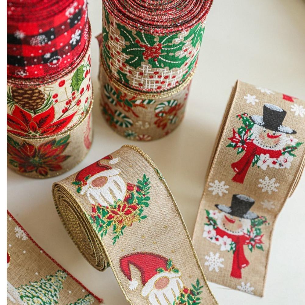 New 2m Christmas Ribbon Xmas Gift DIY Fabric Swirl Ribbon Christmas Tree Ribbon Lmitation Linen Burlap Ribbon