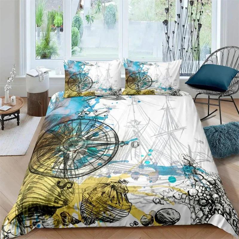 Duvet Cover Compass and Wind Rose Nautical Theme Voyage Words Decorative Bedding Blue White Room Decoration for Women Men Gifts