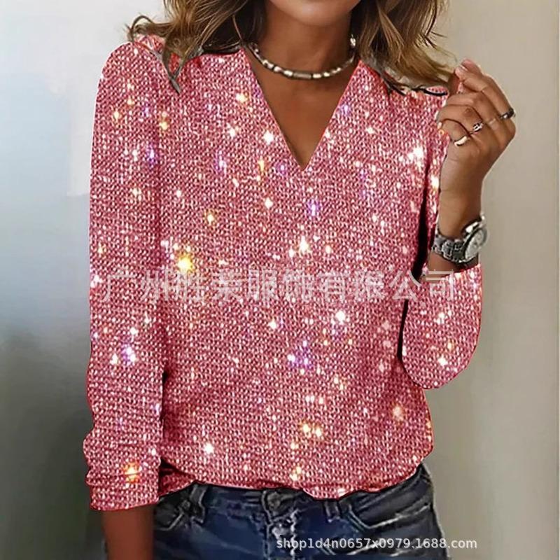 Women S Long Sleeve V Neck Sequined Pullover T Shirt