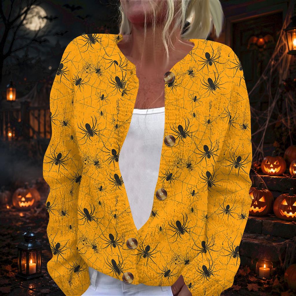 Women's Long Sleeve Knit Cardigan with Halloween Print Button Front Sweater for Fall Party Outfits