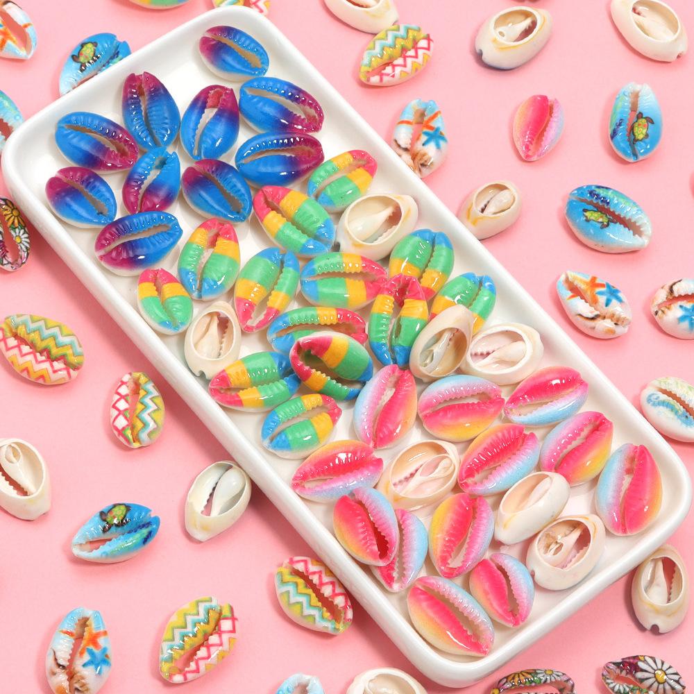 5pcs Fun Creativity Beach Style Retro Random Color Mix Painted Print Shell Beads Jewelry Charm Making DIY Fashion Accessories