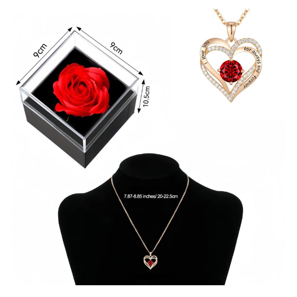 Luxuriöse Halsketten mit Anhänger aus rotem Zirkon mit Geschenkbox in Rosenform für Freundin, Frauen, Ich liebe dich-Geschenke, Trendiger Hochzeitsschmuck