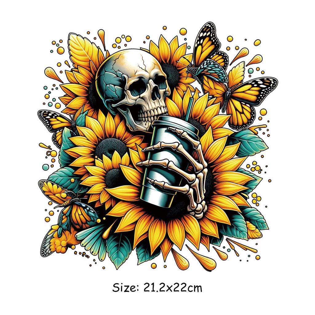 Hiphop Iron On Transfer Skulls Sunflower Heat Press Appliqued Diy T-Shirt Clothes Stickers Thermal Stickerseasy To Use