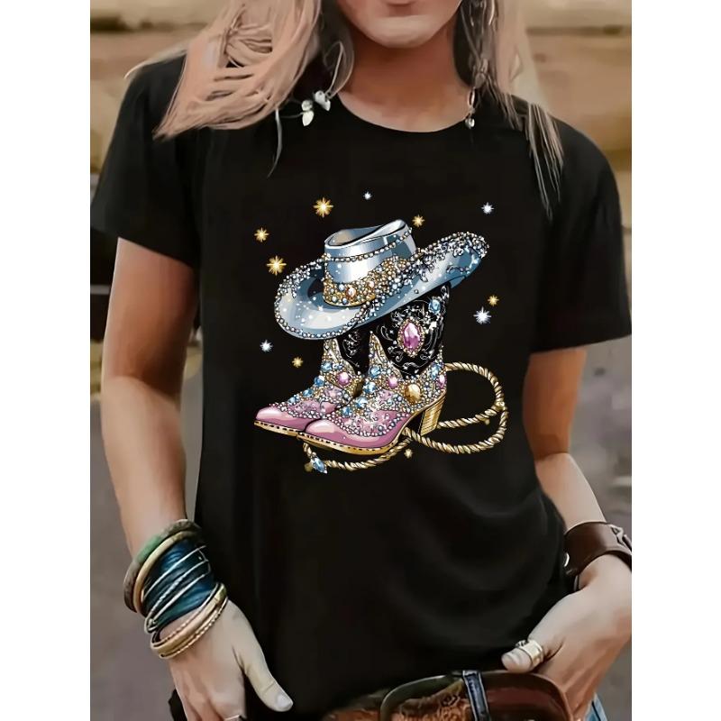 Short-sleeved western denim printed T-shirt. Fashionable and trendy casual style, suitable for all seasons and versatile, practical.