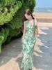 Beautiful beach dress seaside vacation French sleeveless neck waist blue neck collar dress halter dress women