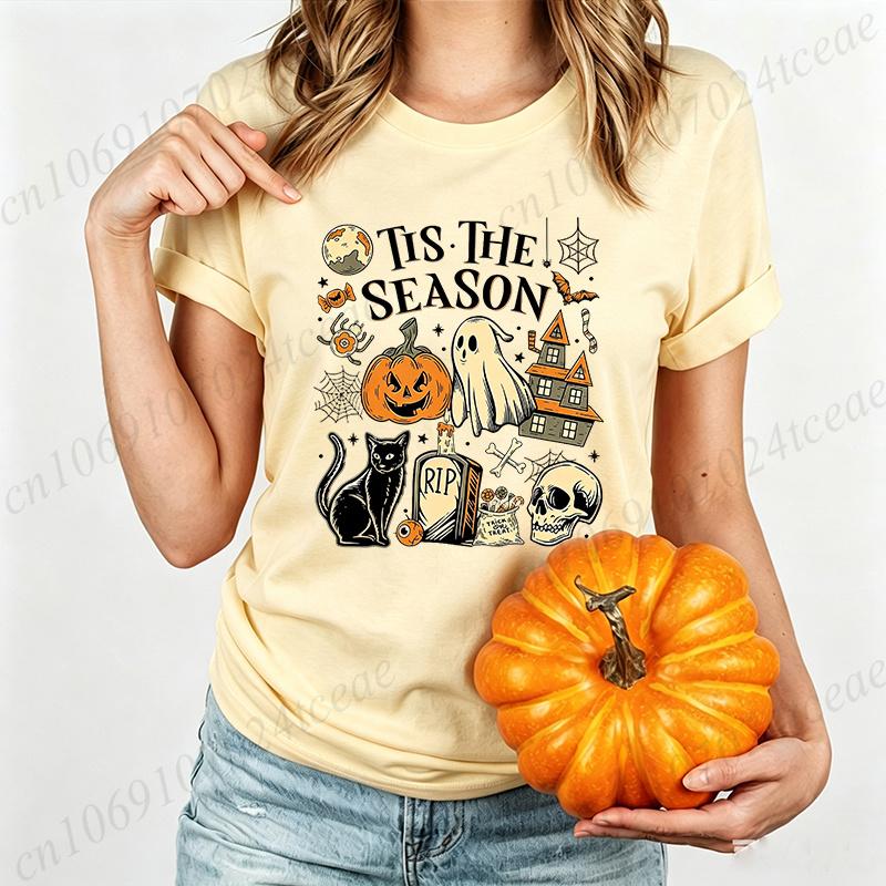 Halloween Shirt,Tis The Season Retro Ghost Spooky Season Halloween Costume Tees T-Shirt, Y2K Halloween T-Shirts Vintage Tops