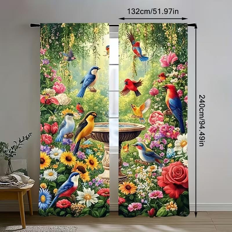 2 Pcs Spring Birds and Flowers Print Curtains,suitable for Bedroom,living Room Kitchen Decoration,home Decoration,window Decor