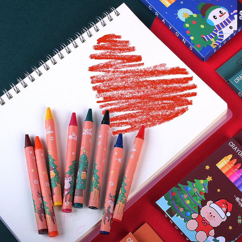 Cartoon Christmas Crayons Set Creative 8 Colors Drawing Painting Kit Cute Art Supplies Coloring Gift for Kids Students