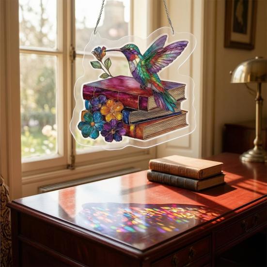 Bookish Acrylic Puzzle Suncatcher, Stained Glass Style Window Hanging Ornament, Hummingbird Floral Book DIY Sun Catcher Kit for Home Decor,