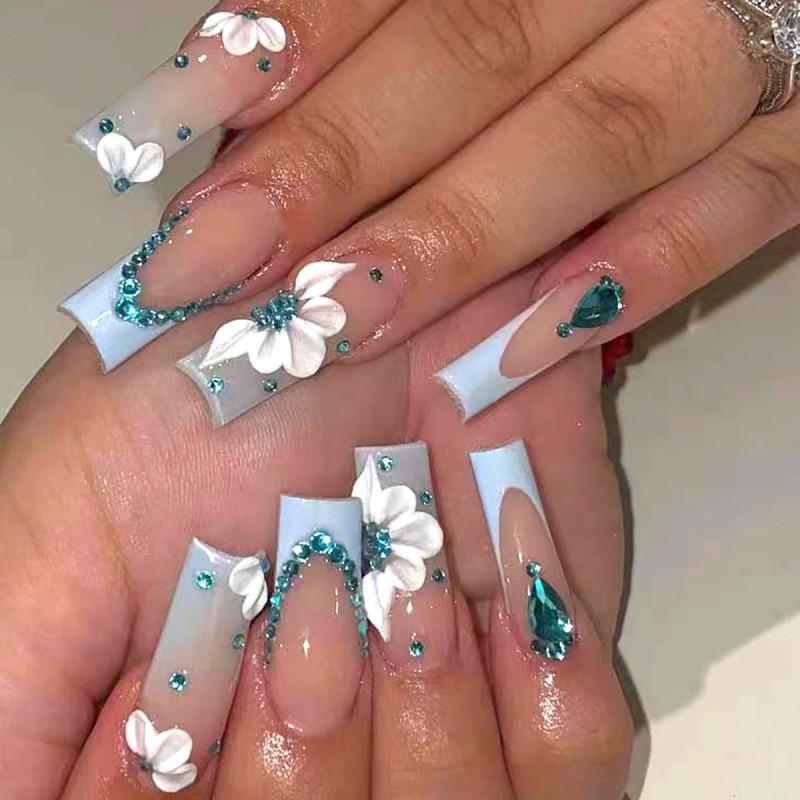 Long Press-On Nails With Icy Transparent Sparkle Rhinestones 24pcs Gel Adhesive Jelly Glue False Nail Tips Women Sweet Style Gel Adhesive Type