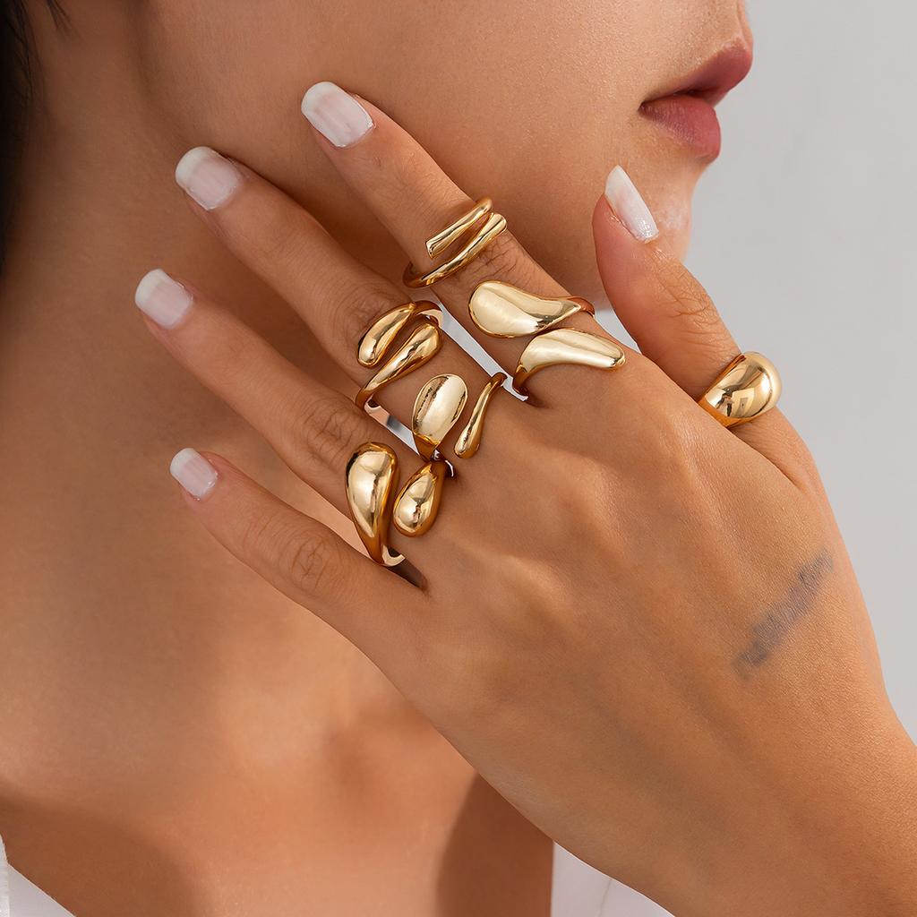 Liquid Metallic Glossy Metal Rings Set for Women Men Asymmetrical Open Elegant Gold Silver Color Adjustable Pearl Rings Punk Geometric Party Jewelry