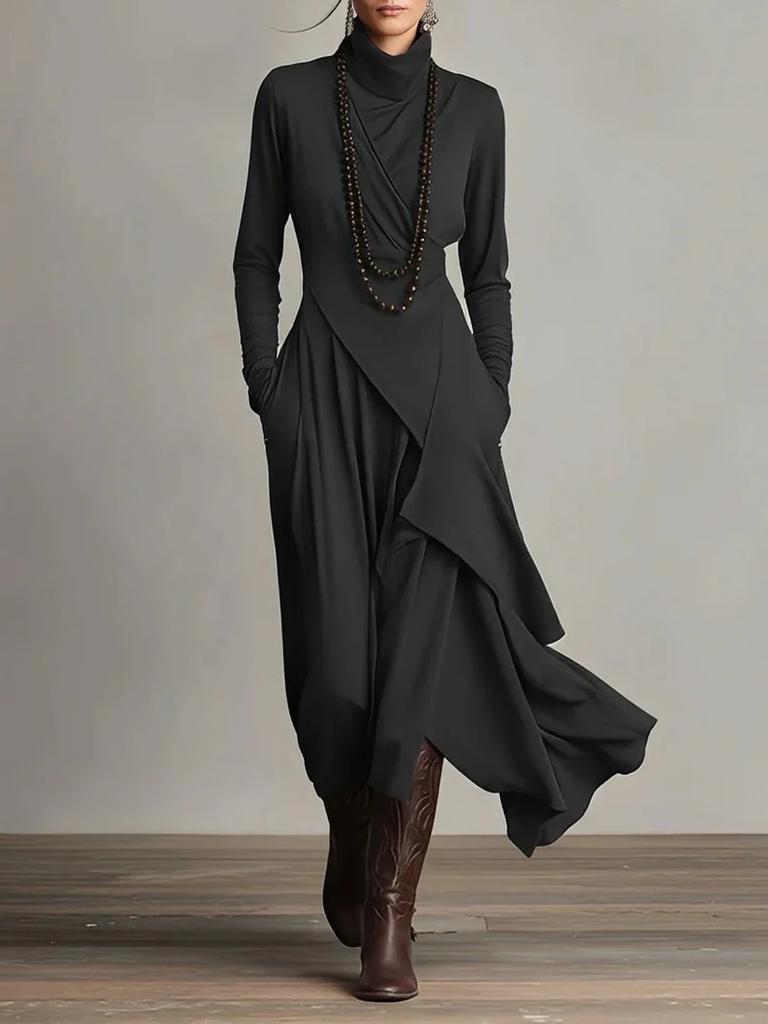 Oversized Long Sleeve Cross Neckline Solid Color Dress for Women Autumn Fall