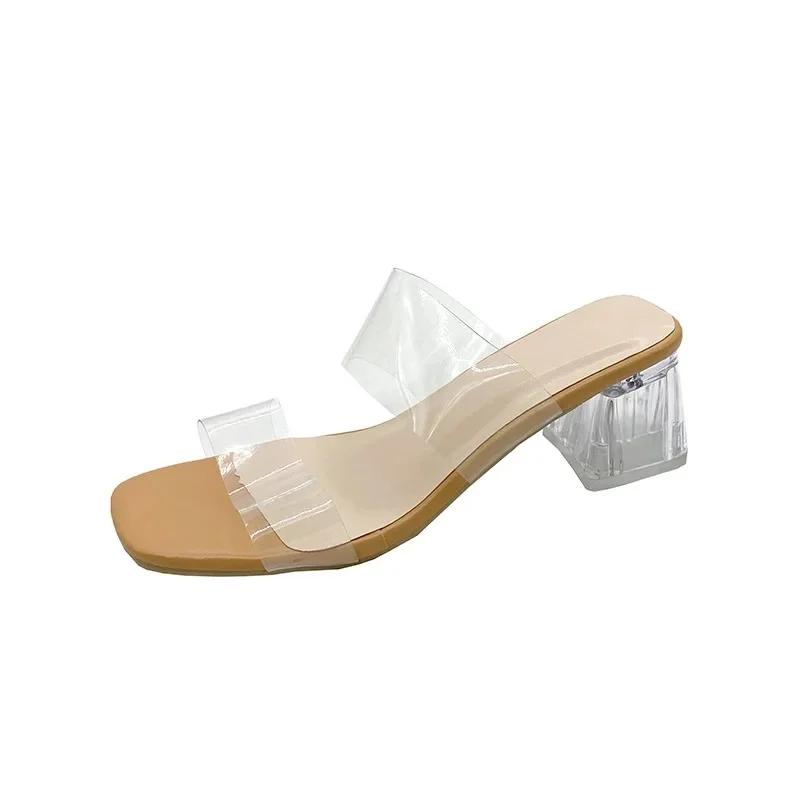 Fashion Transparent Crystal Heel Sandals Women's Outdoor Wear High Heels Sexy Thick Heel Ladies Slides Rubber Bottom PVC Material