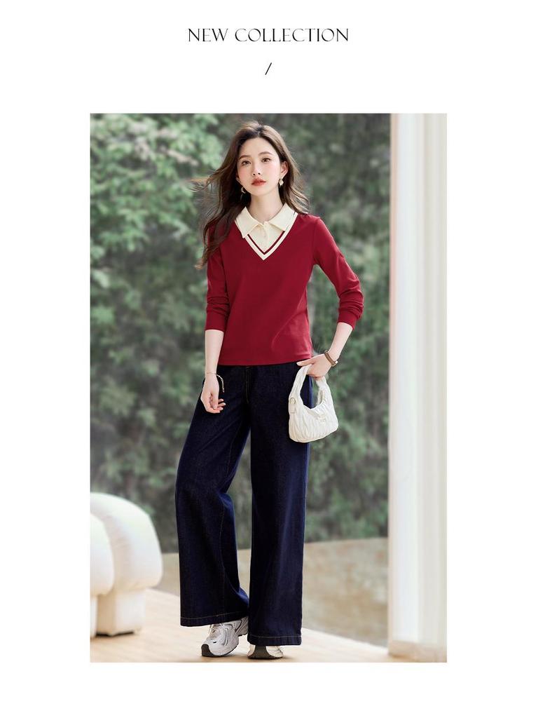 Women's Straight Shoulder Long-Sleeve T-Shirt, New 2026 Stylish Lapel Top for Spring & Autumn. Versatile Base Layer or Outerwear.
