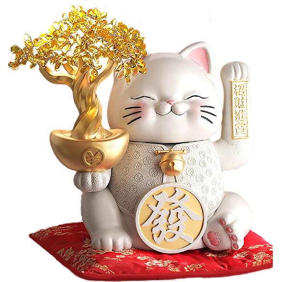 Aris & Juno Lucky Fortune Cat with Crystal Money Tree - Resin Feng Shui Decor for Home Office, for Good Luck and Prosperity